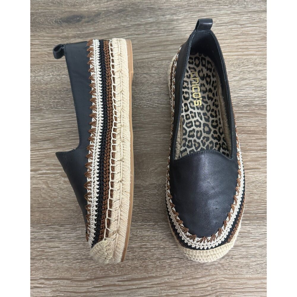Chicos Black Espadrille Flats Crochet Trim Slip On Shoes Womens 8